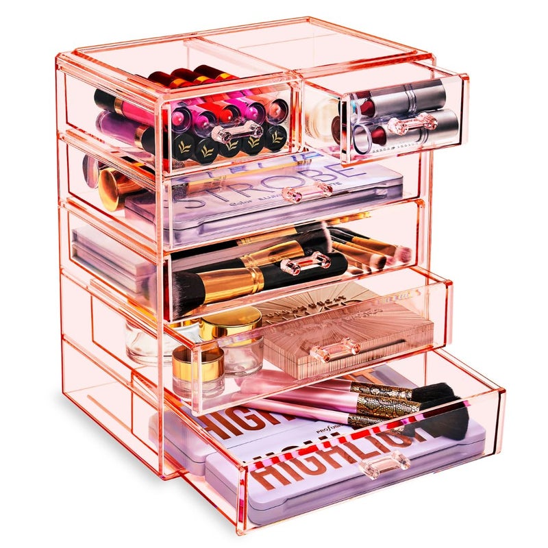 Sorbus Acrylic Makeup Organizer  Organization and Storage Case for Cosmetics Make Up  Jewelry  Big Clear Makeup Organizer for Vanity Bathroom College Dorm Closet Desk 4 Large 2 Small Drawers
